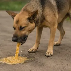 Pies z brązową sierścią wymiotuje żółtą cieczą. Widać, jak płyn wypływa z jego pyska na ziemię.