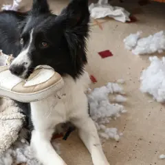 Pies rasy border collie z butem w pysku, otoczony kłębkami wypełnienia. Wygląda na to, że to objawy lęku separacyjnego u psa.