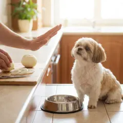 Człowiek kroi cebulę, a piesek patrzy z nadzieją. Czy pies może jeść cebulę? Nie, to dla niego szkodliwe!