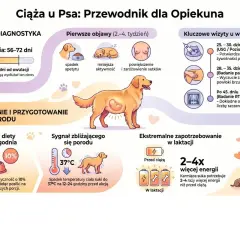 Ilustracja przedstawia ciążę u psa, jej objawy, kalendarz wizyt weterynaryjnych, żywienie i przygotowanie do porodu, a także zwiększone zapotrzebowanie energetyczne w laktacji.
