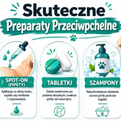 Szukasz co na pchły dla szczeniaka? Grafika pokazuje obroże, spot-on, tabletki, szampony i spraye przeciw pchłom dla psów.