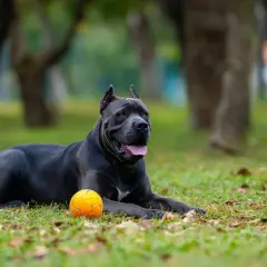Cane Corso o łagodnym usposobieniu leży na trawie obok pomarańczowej piłki, wpatrując się w dal.