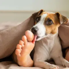 Pies Jack Russell Terrier liże ludzką stopę pod kołdrą. Może to być oznaka przywiązania lub próba zaspokojenia ciekawości.