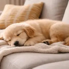Uroczy szczeniak golden retriever śpi na kanapie, zwinięty w kłębek. Może mu się śni, że pies szczeka przez sen, bo porusza łapką.