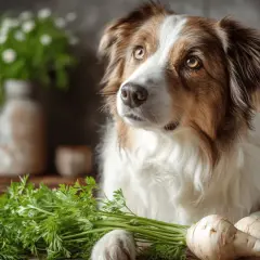 Pies z zaciekawieniem patrzy na pęczek pietruszki i pasternaku. Czy pies może jeść pietruszkę? To pytanie nurtuje wielu właścicieli czworonogów.