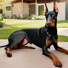 Czarny doberman, pies stróżujący, leży na podjeździe przed domem, czujnie obserwując otoczenie.