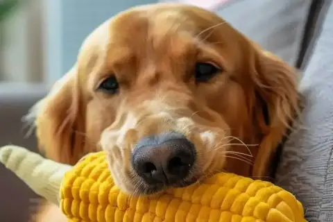 Złoty retriever z zabawką w kształcie kolby kukurydzy. Czy pies może jeść popcorn? Ta zabawka wygląda apetycznie, ale lepiej zapytać weterynarza.