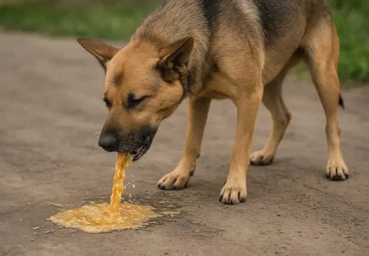 Pies z brązową sierścią wymiotuje żółtą cieczą. Widać, jak płyn wypływa z jego pyska na ziemię.