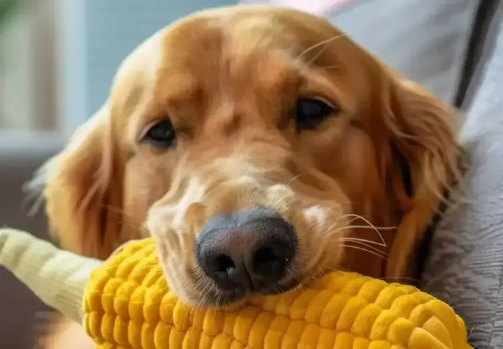 Złoty retriever z zabawką w kształcie kolby kukurydzy. Czy pies może jeść popcorn? Ta zabawka wygląda apetycznie, ale lepiej zapytać weterynarza.