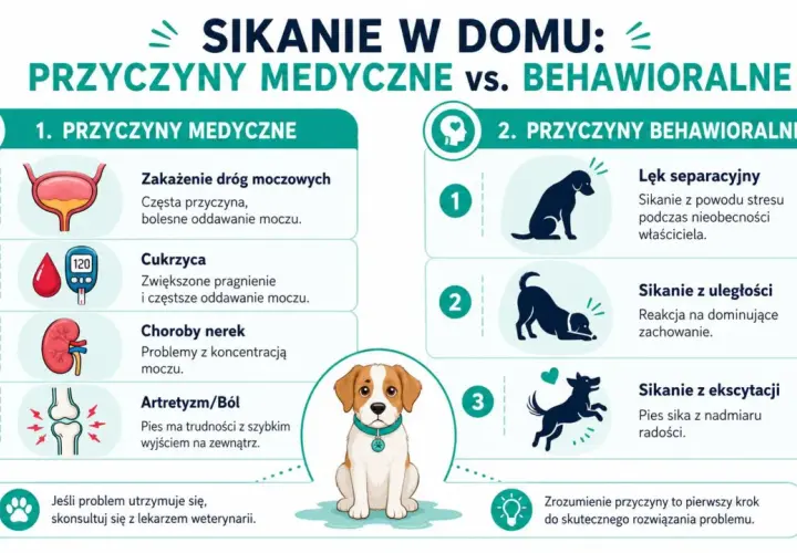 Pies sika w domu z różnych przyczyn: medycznych (infekcje, cukrzyca, choroby nerek, ból) i behawioralnych (lęk, uległość, ekscytacja).