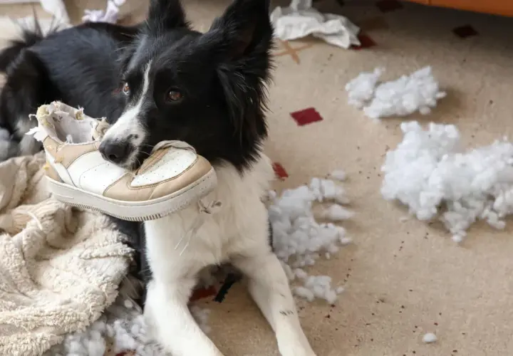 Pies rasy border collie z butem w pysku, otoczony kłębkami wypełnienia. Wygląda na to, że to objawy lęku separacyjnego u psa.