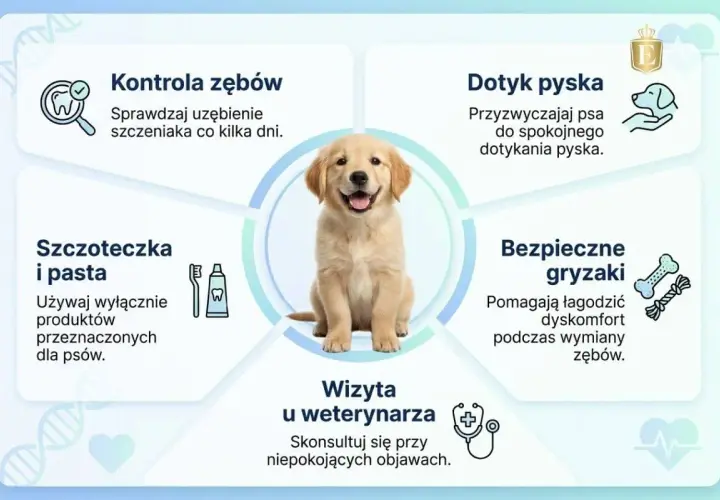 Uroczy szczeniak golden retrievera. Grafika podpowiada, jak dbać o jego zęby, czy pies ma mleczaki, jak je kontrolować i czyścić.
