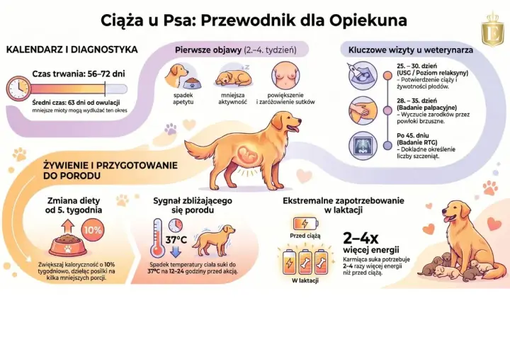 Ilustracja przedstawia ciążę u psa, jej objawy, kalendarz wizyt weterynaryjnych, żywienie i przygotowanie do porodu, a także zwiększone zapotrzebowanie energetyczne w laktacji.
