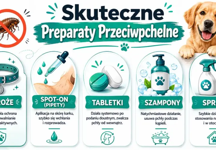 Szukasz co na pchły dla szczeniaka? Grafika pokazuje obroże, spot-on, tabletki, szampony i spraye przeciw pchłom dla psów.