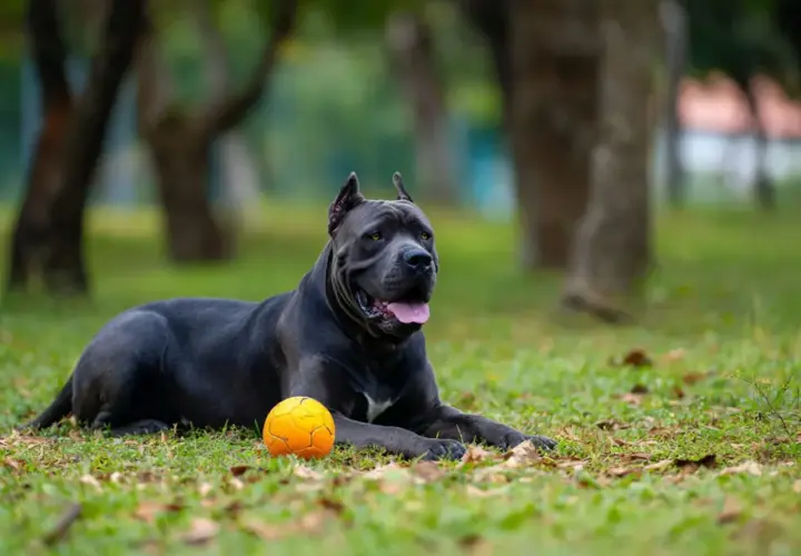Cane Corso o łagodnym usposobieniu leży na trawie obok pomarańczowej piłki, wpatrując się w dal.