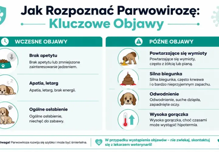 Parwowiroza u psa: objawy wczesne (brak apetytu, apatia) i późne (wymioty, biegunka, odwodnienie, gorączka).