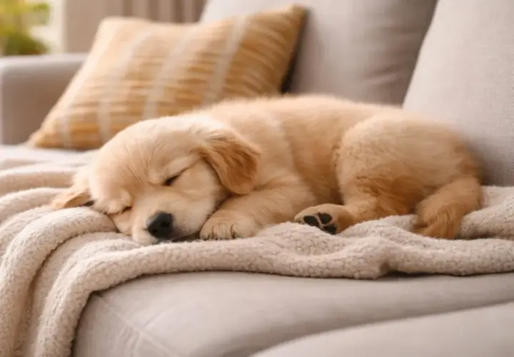 Uroczy szczeniak golden retriever śpi na kanapie, zwinięty w kłębek. Może mu się śni, że pies szczeka przez sen, bo porusza łapką.