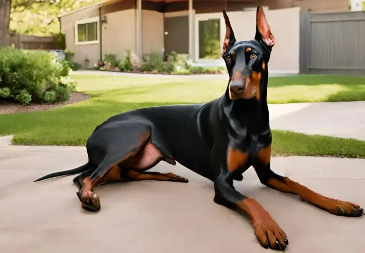 Czarny doberman, pies stróżujący, leży na podjeździe przed domem, czujnie obserwując otoczenie.