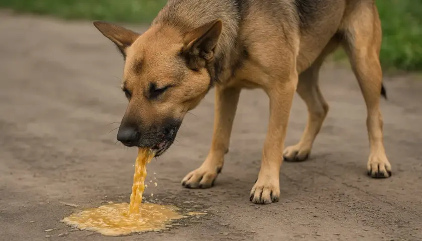 Pies z brązową sierścią wymiotuje żółtą cieczą. Widać, jak płyn wypływa z jego pyska na ziemię.