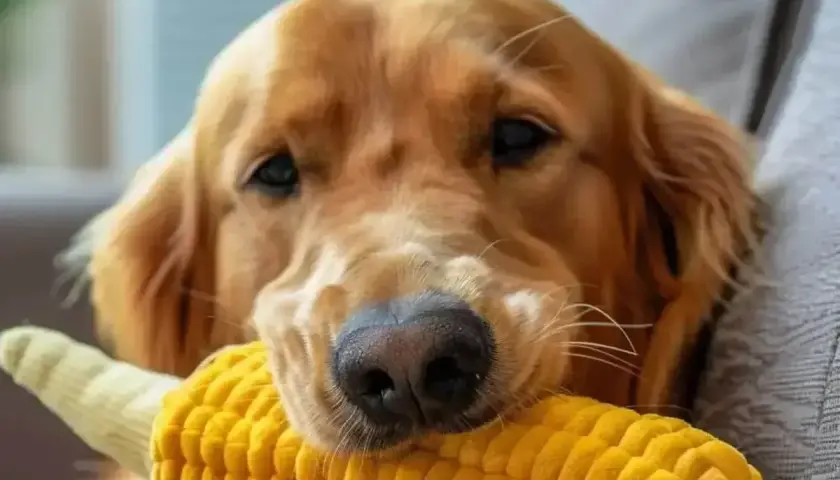 Złoty retriever z zabawką w kształcie kolby kukurydzy. Czy pies może jeść popcorn? Ta zabawka wygląda apetycznie, ale lepiej zapytać weterynarza.