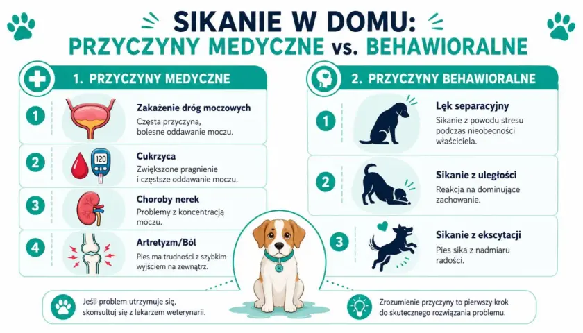Pies sika w domu z różnych przyczyn: medycznych (infekcje, cukrzyca, choroby nerek, ból) i behawioralnych (lęk, uległość, ekscytacja).