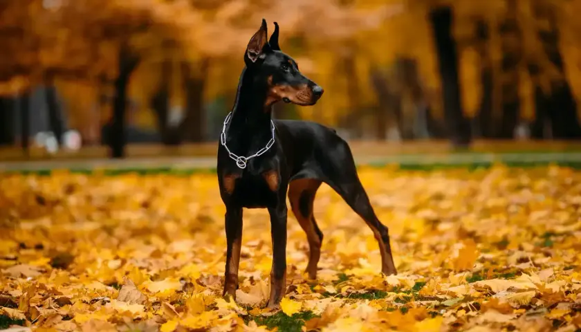 Elegancki doberman z wyprostowanymi uszami stoi na tle jesiennych liści.