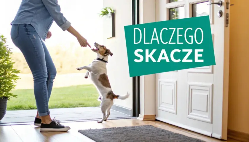Jak oduczyć psa skakania? Trening z przysmakiem dla energicznego Jack Russell Terriera przy drzwiach.