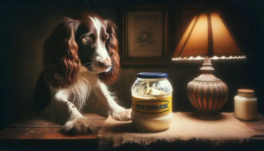 Pies z zaciekawieniem patrzy na słoik majonezu. Czy pies może jeść majonez? To pytanie nurtuje wielu właścicieli czworonogów.