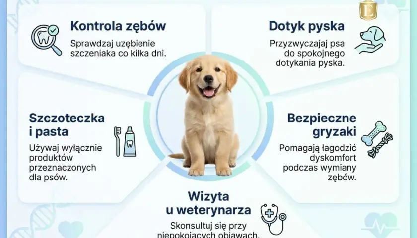 Uroczy szczeniak golden retrievera. Grafika podpowiada, jak dbać o jego zęby, czy pies ma mleczaki, jak je kontrolować i czyścić.