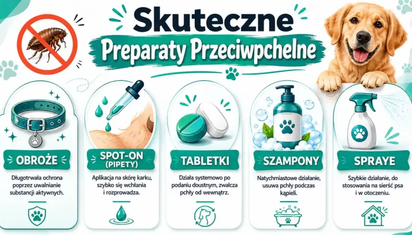 Szukasz co na pchły dla szczeniaka? Grafika pokazuje obroże, spot-on, tabletki, szampony i spraye przeciw pchłom dla psów.