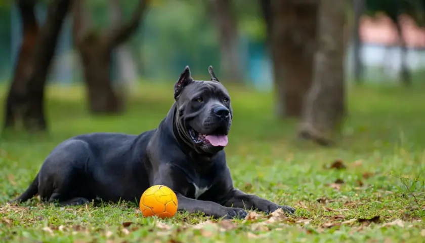 Cane Corso o łagodnym usposobieniu leży na trawie obok pomarańczowej piłki, wpatrując się w dal.