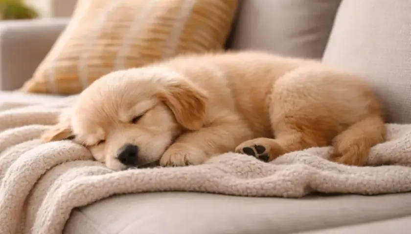 Uroczy szczeniak golden retriever śpi na kanapie, zwinięty w kłębek. Może mu się śni, że pies szczeka przez sen, bo porusza łapką.