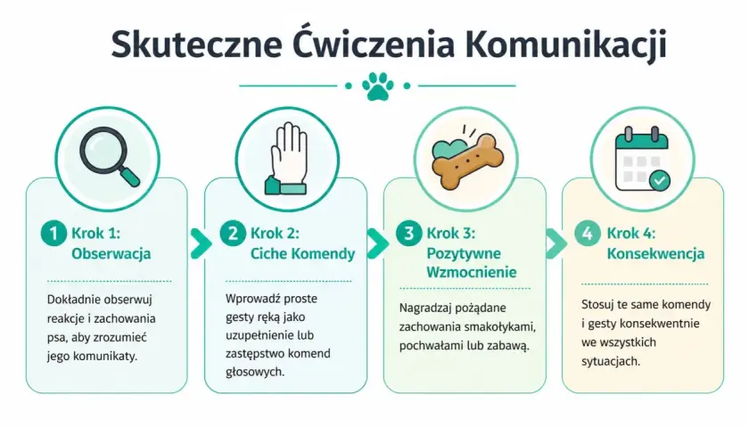 Jak nauczyć psa komend: 4 kroki do skutecznej komunikacji z pupilem: obserwacja, ciche komendy, pozytywne wzmocnienie i konsekwencja.