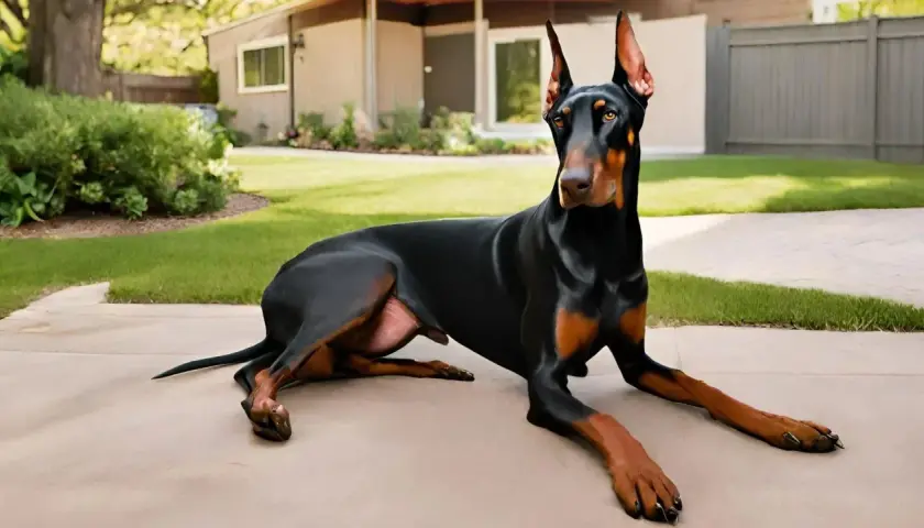 Czarny doberman, pies stróżujący, leży na podjeździe przed domem, czujnie obserwując otoczenie.