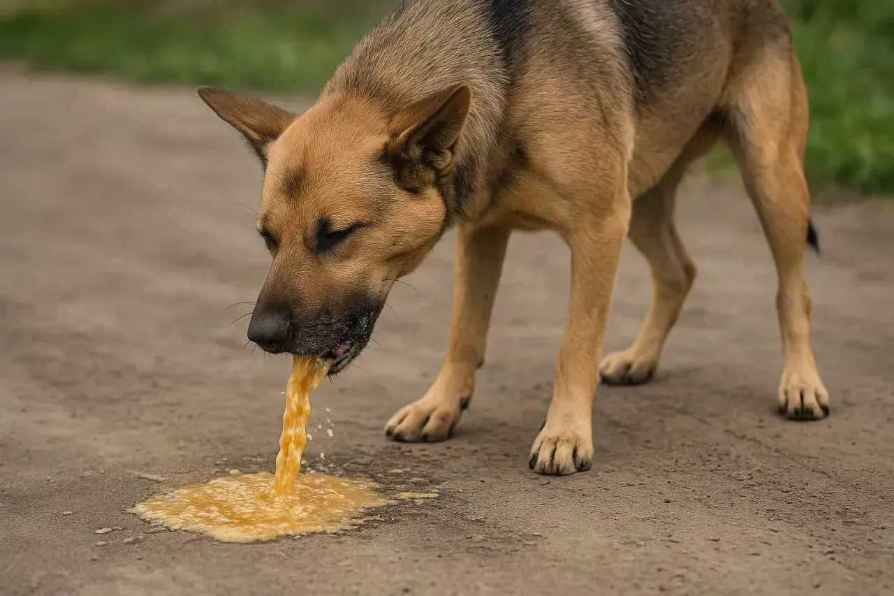 Pies z brązową sierścią wymiotuje żółtą cieczą. Widać, jak płyn wypływa z jego pyska na ziemię.