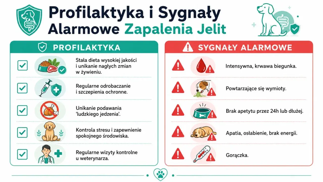 Profilaktyka i sygnały alarmowe zapalenia jelit u psa: biegunka, wymioty, brak apetytu, apatia, gorączka.