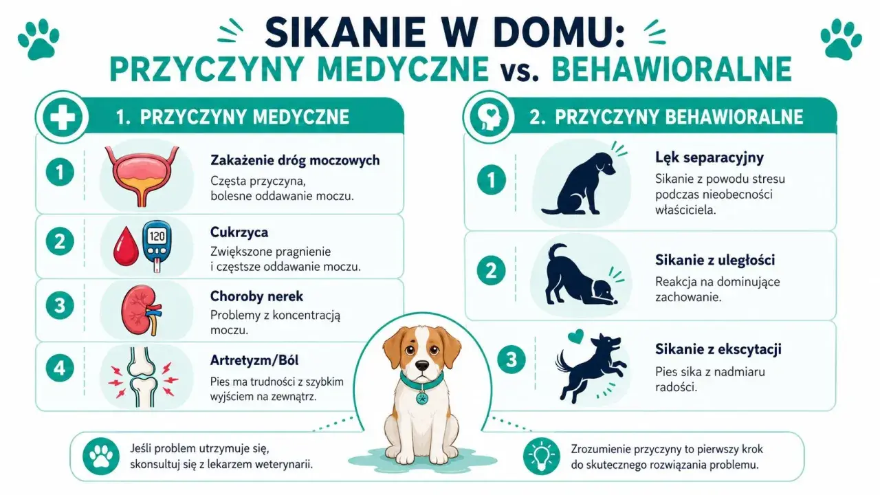 Pies sika w domu z różnych przyczyn: medycznych (infekcje, cukrzyca, choroby nerek, ból) i behawioralnych (lęk, uległość, ekscytacja).