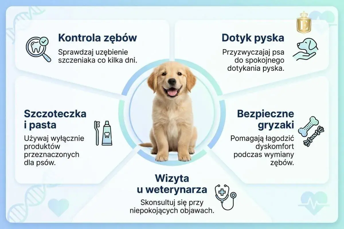 Uroczy szczeniak golden retrievera. Grafika podpowiada, jak dbać o jego zęby, czy pies ma mleczaki, jak je kontrolować i czyścić.