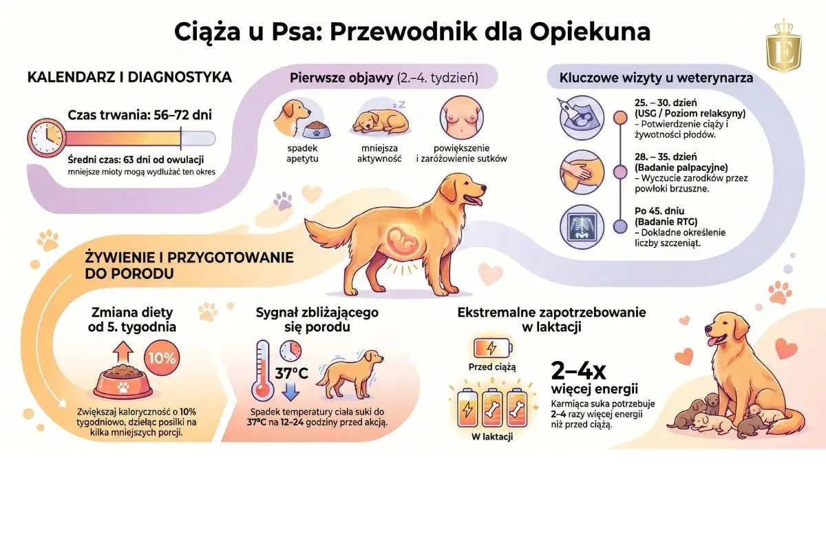Ilustracja przedstawia ciążę u psa, jej objawy, kalendarz wizyt weterynaryjnych, żywienie i przygotowanie do porodu, a także zwiększone zapotrzebowanie energetyczne w laktacji.