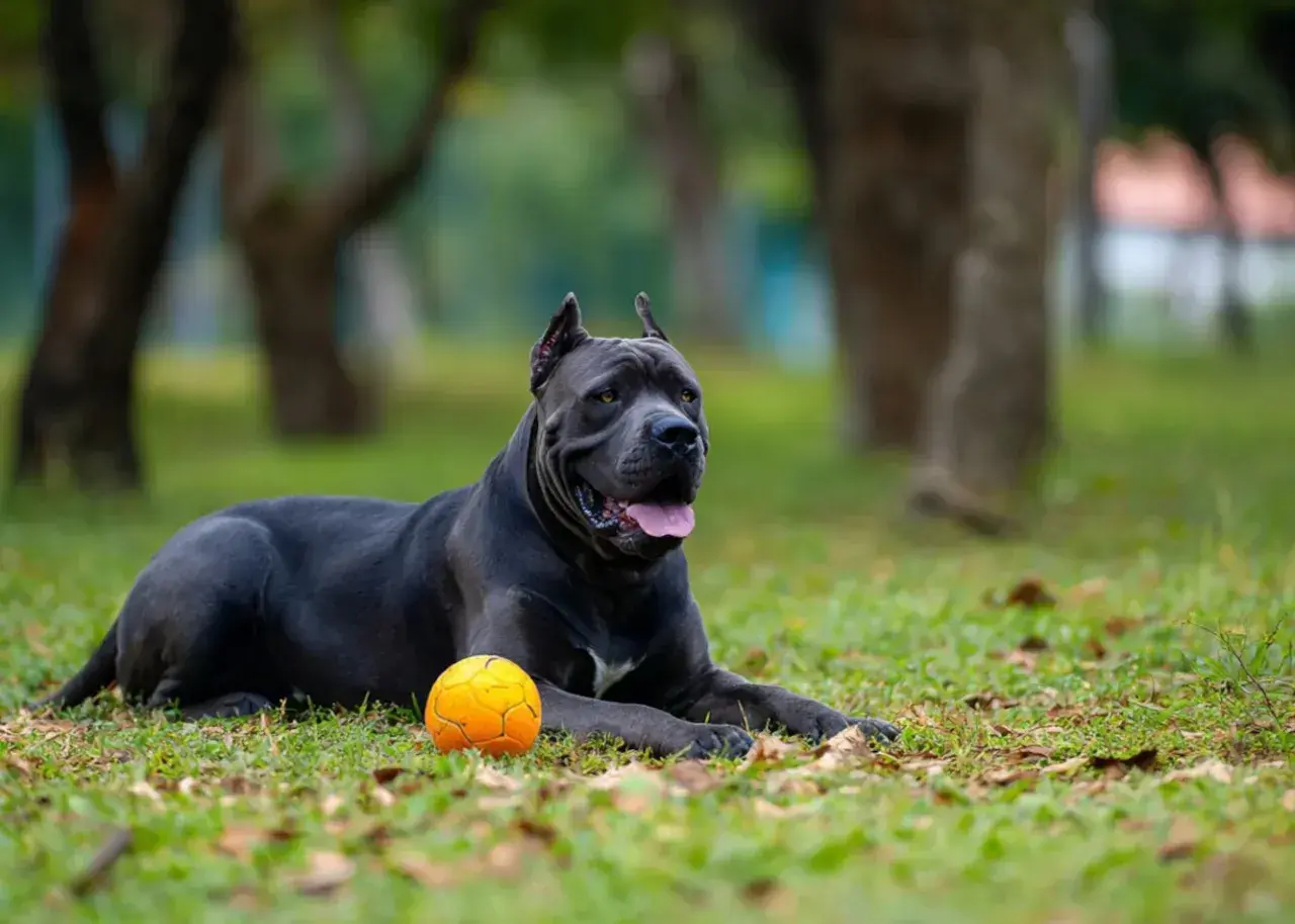 Cane Corso o łagodnym usposobieniu leży na trawie obok pomarańczowej piłki, wpatrując się w dal.