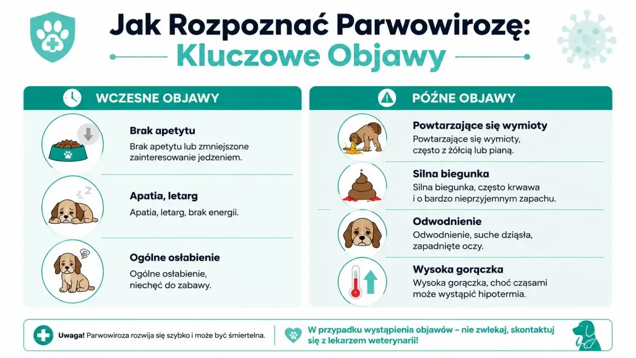 Parwowiroza u psa: objawy wczesne (brak apetytu, apatia) i późne (wymioty, biegunka, odwodnienie, gorączka).