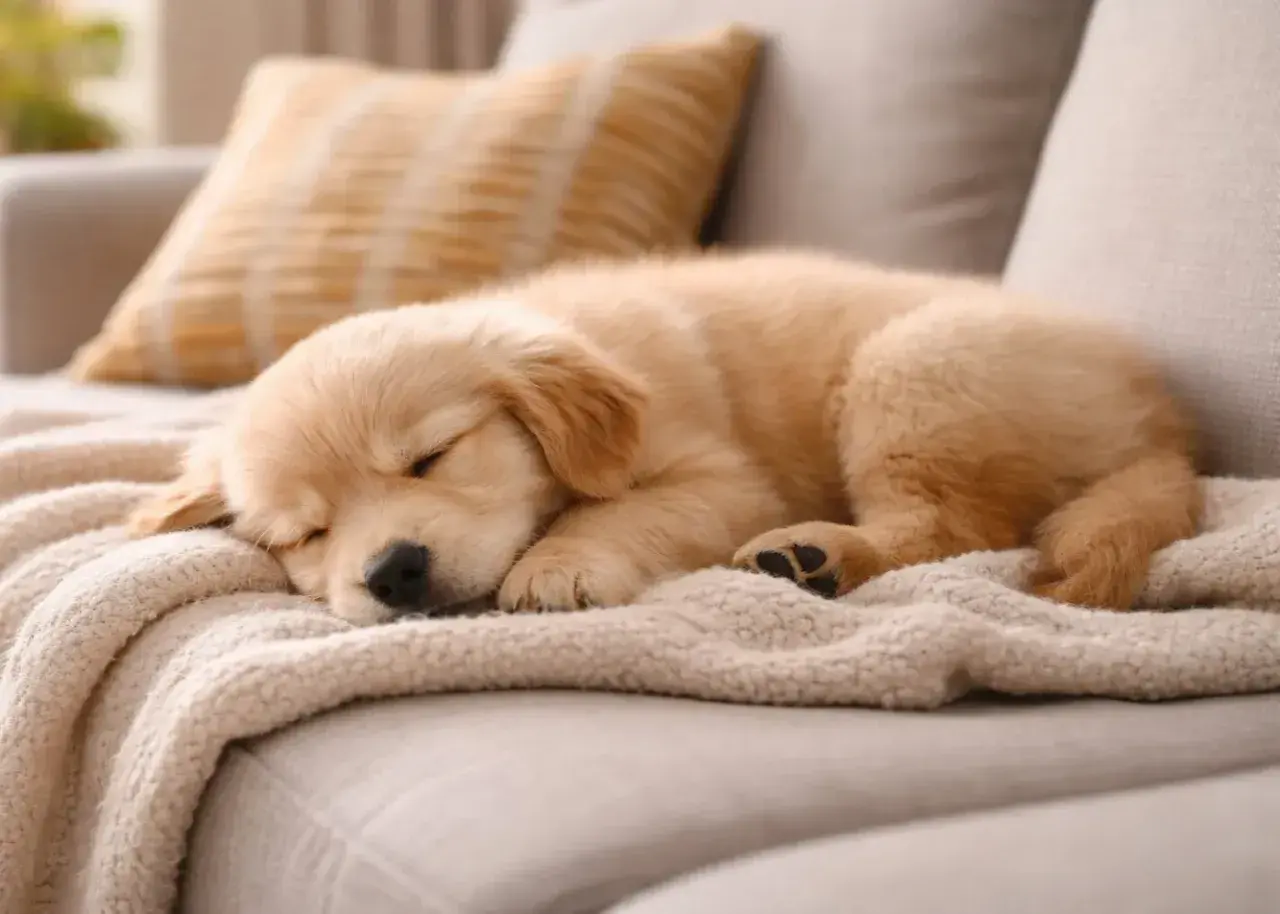 Uroczy szczeniak golden retriever śpi na kanapie, zwinięty w kłębek. Może mu się śni, że pies szczeka przez sen, bo porusza łapką.