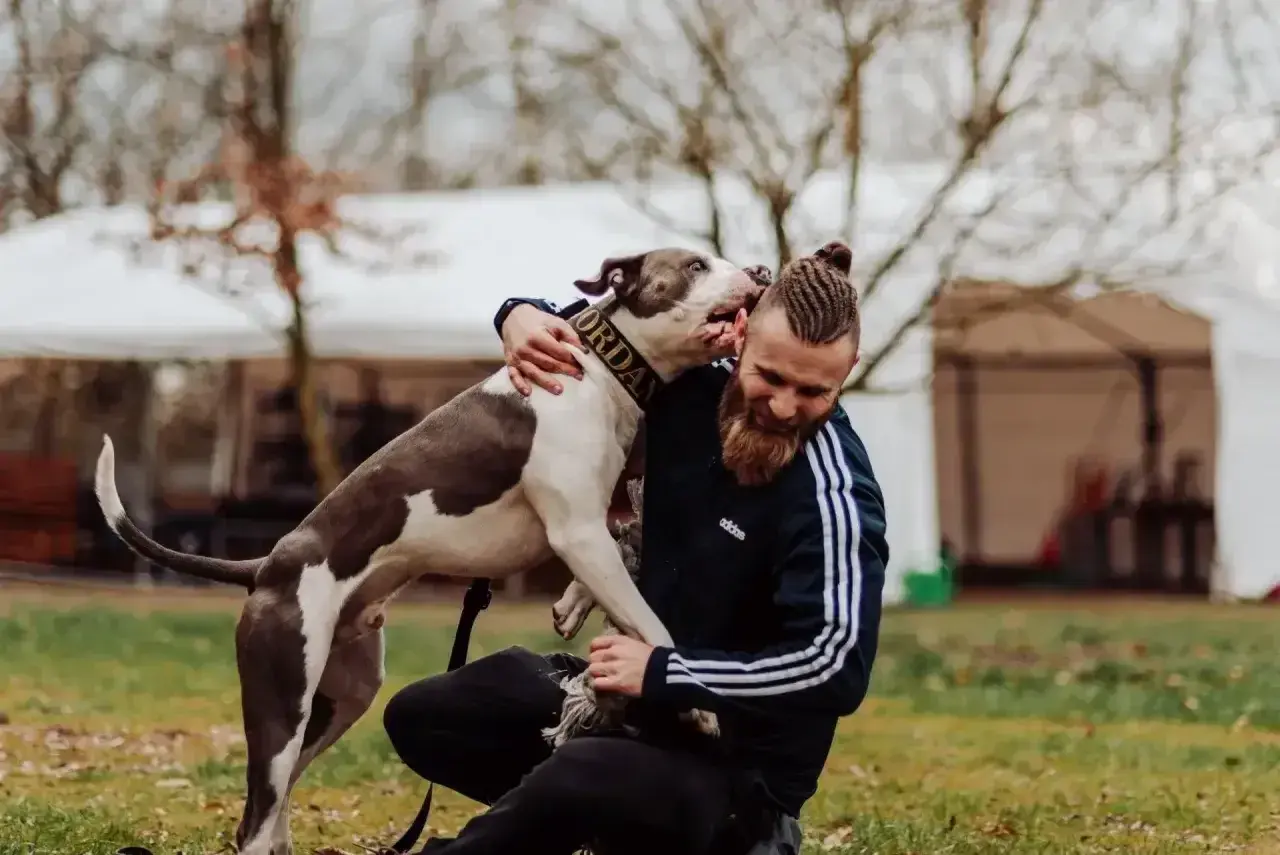 Radosny pies z obrożą "Jordan" przytula się do swojego właściciela. Szukasz inspiracji na imiona dla psa?