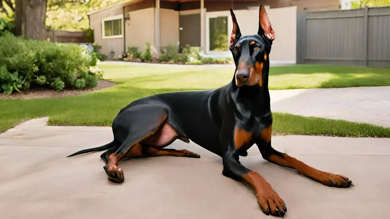 Czarny doberman, pies stróżujący, leży na podjeździe przed domem, czujnie obserwując otoczenie.