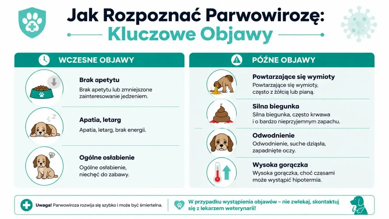 Parwowiroza u psa: objawy wczesne (brak apetytu, apatia) i późne (wymioty, biegunka, odwodnienie, gorączka).