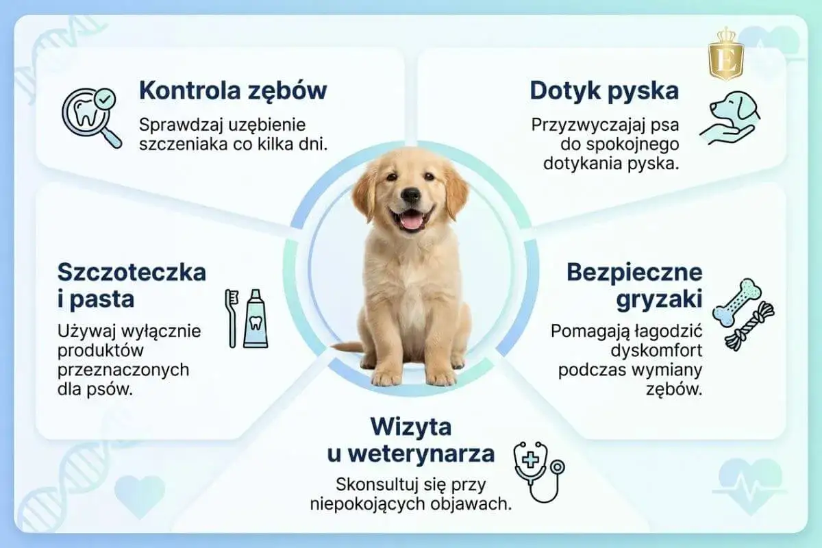 Uroczy szczeniak golden retrievera. Grafika podpowiada, jak dbać o jego zęby, czy pies ma mleczaki, jak kontrolować uzębienie i kiedy wizyta u weterynarza jest ważna.