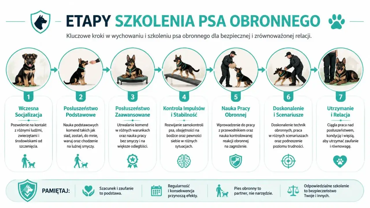 Etapy szkolenia psa obronnego: socjalizacja, posłuszeństwo, kontrola impuls&oacute;w, nauka pracy obronnej, doskonalenie i utrzymanie relacji.