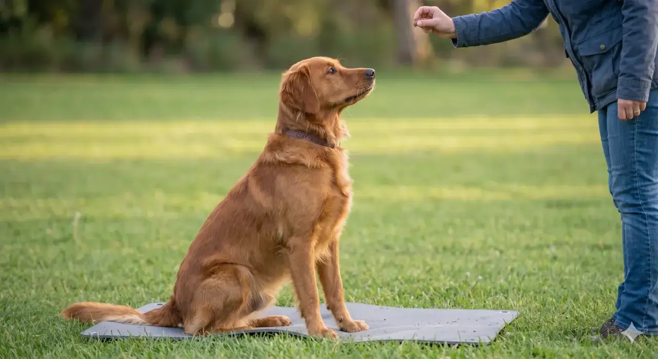 Złoty retriever siedzi na macie, patrząc na smakołyk w dłoni człowieka. To świetny przykład, jak nauczyć psa komend.