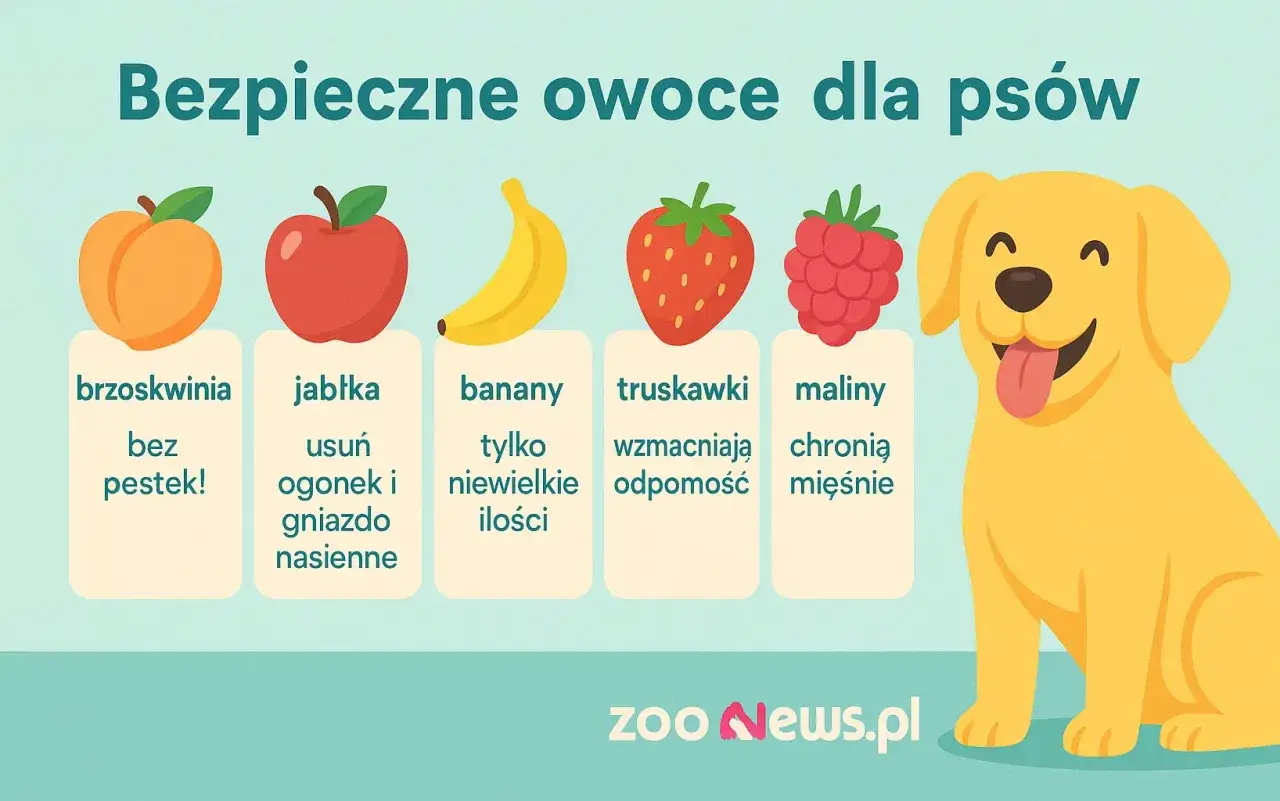 Bezpieczne owoce dla psów: brzoskwinie bez pestek, jabłka (bez gniazda nasiennego), banany (w małych ilościach), truskawki i maliny.