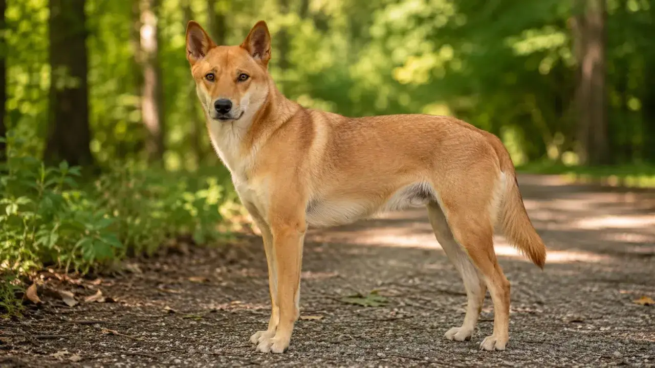 Piękny carolina dog o rudym umaszczeniu stoi na leśnej ścieżce, otoczony zielenią.